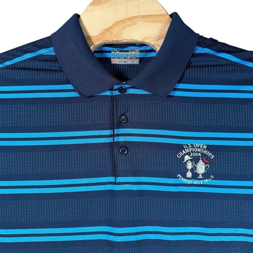 Under Armour Golf Polo Shirt Men Large Blue Stripe U.S. Open Performance Stretch